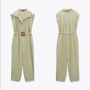 Zara Sleeveless Sage Utility Jumpsuit with Belt